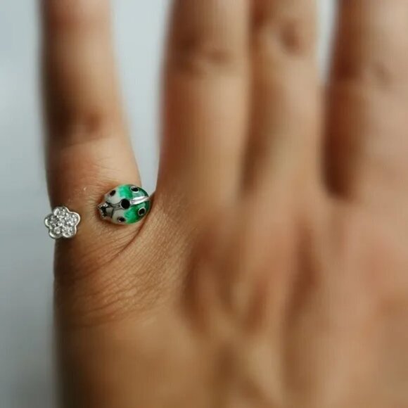 Sterling silver cz enamel ladybug flower ring size 7 NEW - Picture 4 of 6